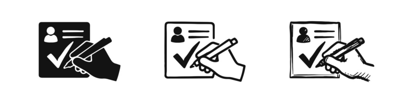 Hand signing document icon set. Application, registration, or approval process with checkmark.