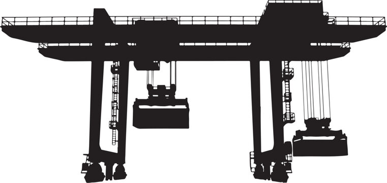 Industrial gantry crane, heavy duty lifting equipment, black silhouette, industrial machinery, construction gear