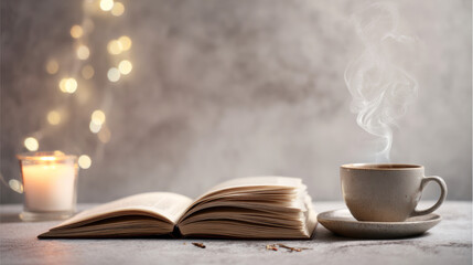 Fototapeta premium Open book lying on a textured grey surface next to a steaming cup and burning candle, providing comfort and relaxation