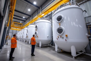 Fototapeta premium selective focus industrial factory floor with large biogas tanks