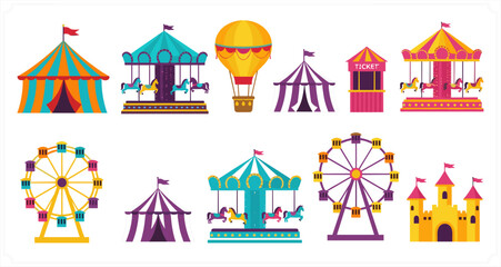 Obraz premium Colorful Amusement Park Illustration Set Featuring Circus Tents Ferris Wheels Carousel Castle and Hot Air Balloon for Carnival Entertainment Design