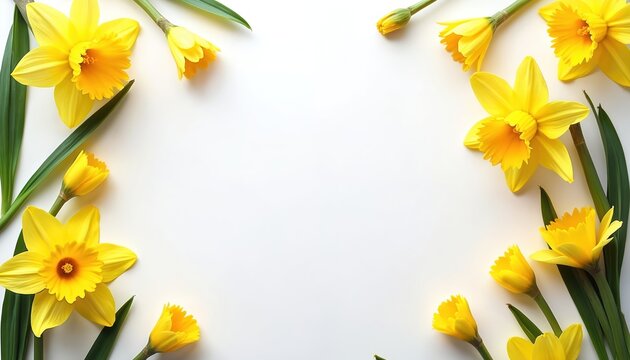 Yellow daffodils with green leaves arranged on a white background. Fresh spring flowers create a decorative border. Ideal for seasonal greetings or design projects.