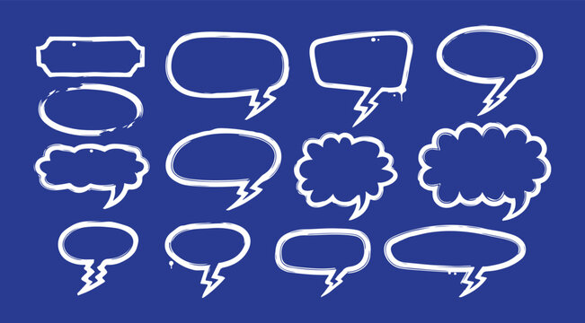 A collection of hand-drawn white speech bubbles and conversational frames set against a solid blue background.