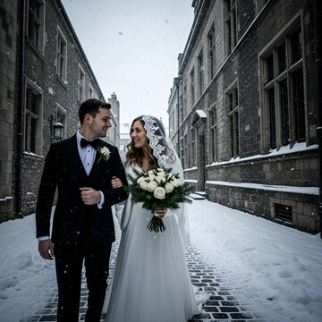 A joyful bride and groom walk arm-in-arm down a picturesque snowy street adorned with historic