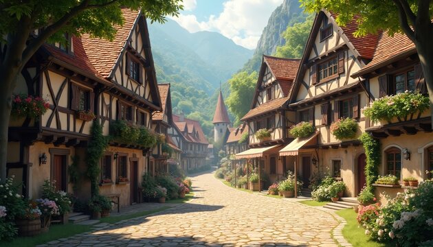 Old village street with timbered houses and flower boxes. Cobblestone path leads to a tower in hilly green landscape. Sunny day with bright light.
