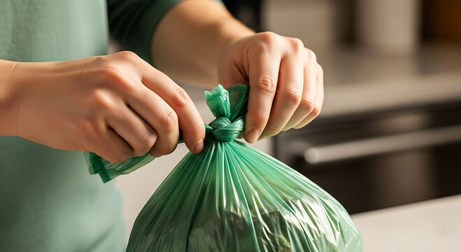 Hands Tying Biodegradable Trash Bag in Kitchen