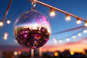 Obraz premium Glittering Disco Ball on Rooftop at Sunset for 1960s Inspired Party Atmosphere