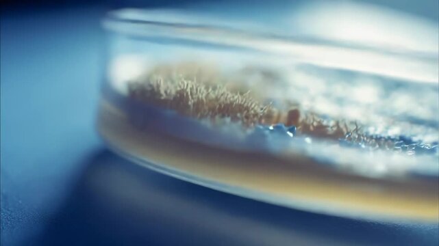 Microorganisms and mold colonies developing on a nutrient medium inside a scientific petri dish, indicating cellular growth and microscopic life for research