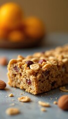 Fototapeta premium Golden granola bar with nuts and dried cranberries, made from oats and honey. Perfect for a quick energy boost or healthy breakfast. Enjoy this delicious baked treat anytime.
