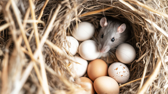Farm rat protecting eggs in a rustic straw nest, representing agricultural pest management challenges