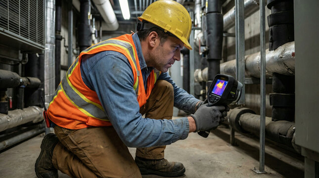 Engineer scanning thermal anomaly using infrared camera in industrial setting  