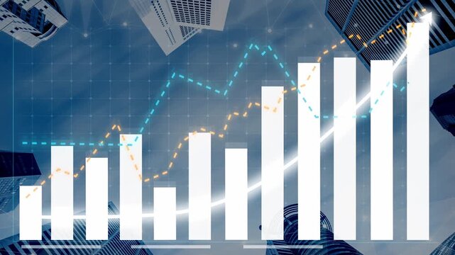 A compelling visual of a financial growth graph overlaying a modern cityscape, illustrating trends in data and success in the urban business environment. Copula