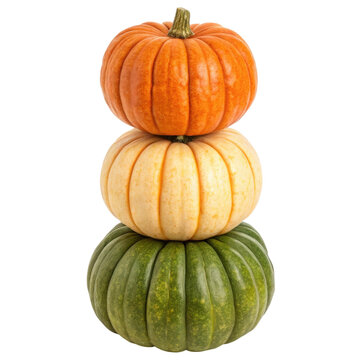 Decorative pumpkin stack for Thanksgiving Day celebration on a bright white background