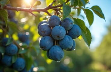 Fototapeta premium Ripe blue plums hang on a tree branch with green leaves. Water drops glisten on the juicy fruit. Sunlight shines through the orchard, highlighting fresh produce.