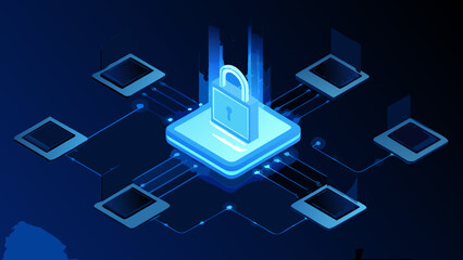 Cybersecurity network with a central glowing padlock and connected devices © Apurba