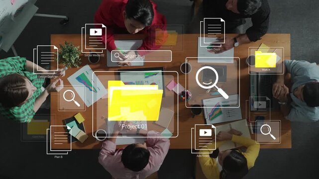 Team Collaboration in Modern Office Environment with Digital Interface Elements and Creative Brainstorming Session Over Project Development Gluon.