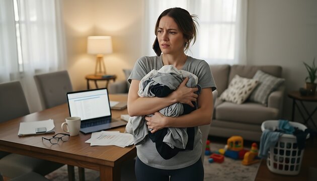 A weary woman, feeling the immense pressure of managing overwhelming household chores and daily life, clutches a pile of laundry in her busy home