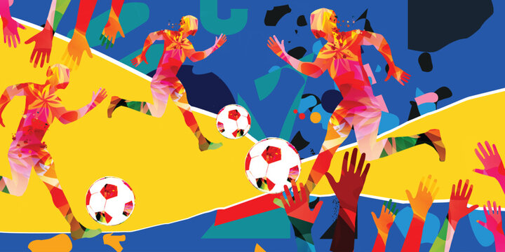 Football Players and Cheering Fans Hands Silhouette, Abstract Soccer World Cup 2026 Banner, Dynamic Sports Celebration Vector with Geometric Patterns
