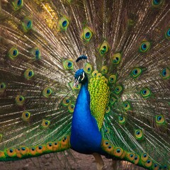 Fototapeta premium A vibrant peacock displaying its colorful plumage