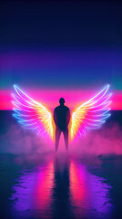 Obraz premium Person with glowing neon wings on reflective surface in surreal synthwave landscape, retro future cyberpunk scene with vibrant colors expressing freedom, transformation and dreamy lofi mood