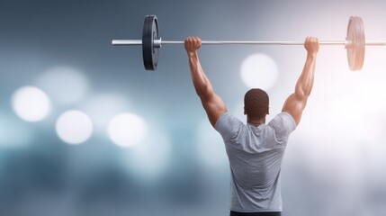 Naklejka premium Male weightlifter in gray athletic shirt lifts barbell overhead in a gym setting, with blurred background lights creating a dynamic atmosphere for strength training and fitness activities