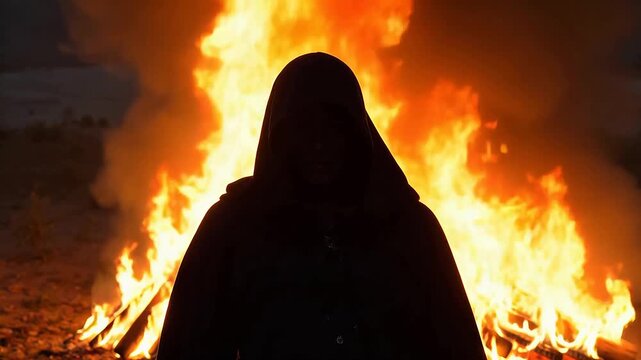 Premium Person in hooded cloak by fire for Contemporary Lifestyle and Visual Storytelling