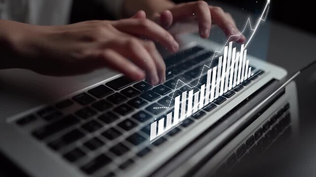 Hands elegantly typing on a laptop keyboard while a digital graph overlay represents financial growth, showcasing the intersection of technology and data analysis in a modern workspace. Copula