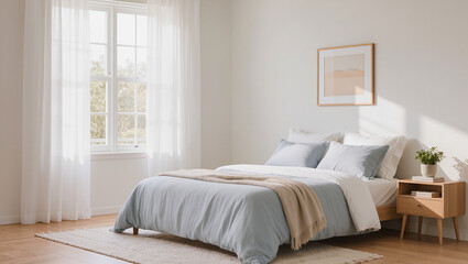 Fototapeta premium Minimalist Bedroom Interior with Soft Blue Bedding and Natural Sunlight