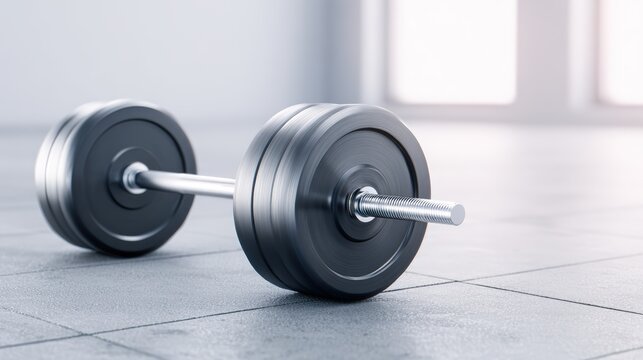 Black weightlifting dumbbell with metallic plates positioned on a smooth gray floor in a bright, modern gym environment featuring large windows and minimalistic design elements