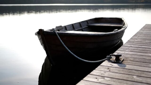 Wooden rowboat tied to a dock on a calm lake, serene natural landscape.
