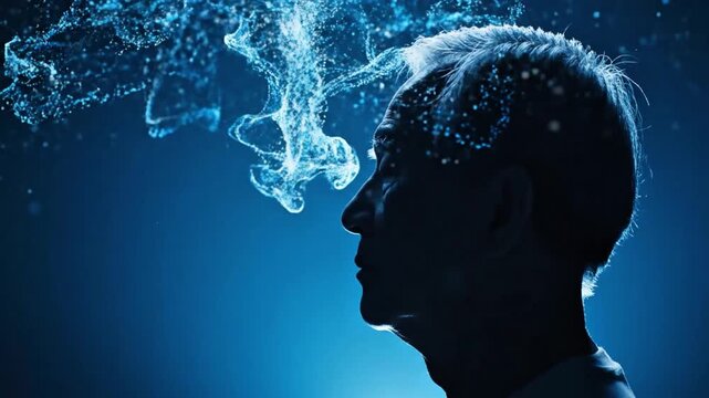 Evocative silhouette of a contemplative mind, where abstract blue liquid intertwines, symbolizing the intricate flow of thoughts, memories, and consciousness