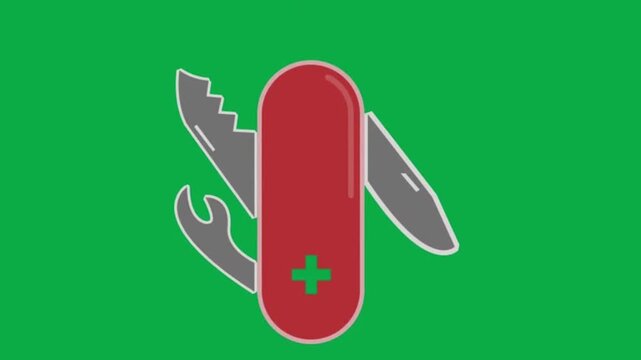 Animated red pocket knife with various tools opening on green screen background