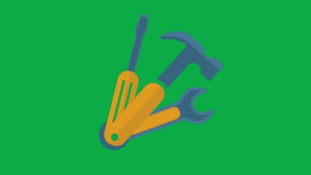 Animated multi-tool kit icon with hammer screwdriver and wrench on green screen