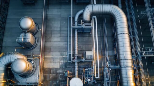 Industrial chemical refinery complex featuring intricate network of pipes, tanks, and machinery components, illustrating modern energy infrastructure and manufacturing processes