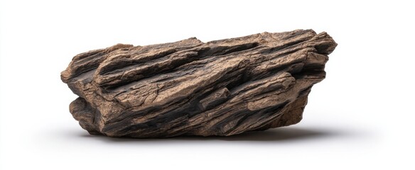 Fototapeta premium Aged cedar log and brown rock cluster with rough textures on white background.