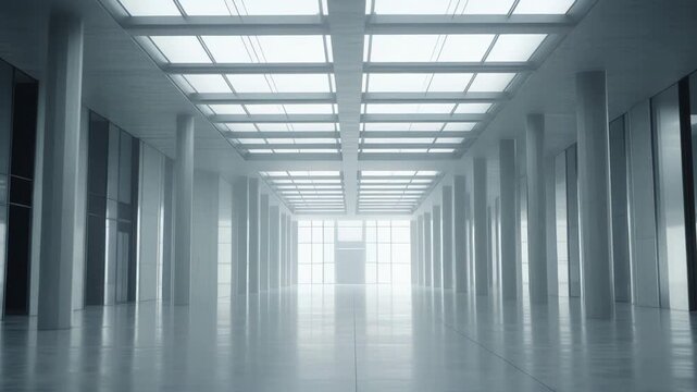 Spacious corporate hall featuring clean, minimalist architecture with a grid of bright ceiling lights illuminating the polished floor, creating a feeling of openness and future