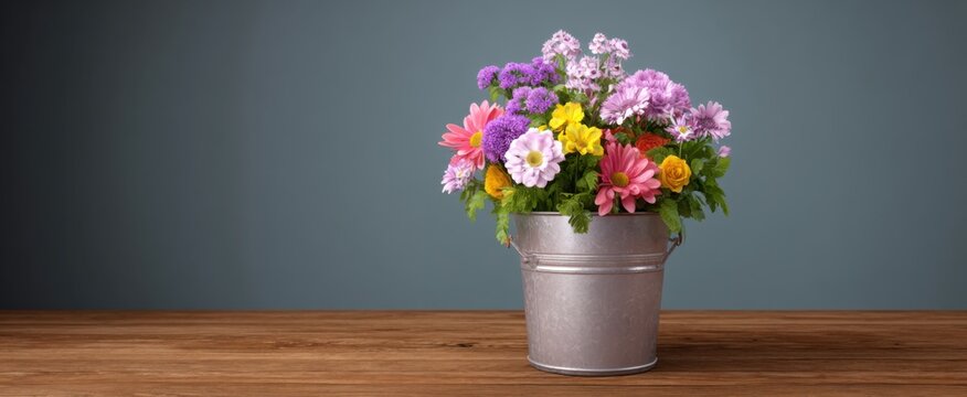 vibrant metal bucket brimming with fresh garden flowers on rustic wooden surface