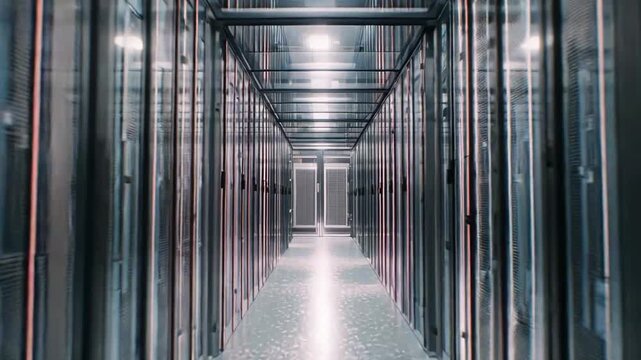Server racks creating an endless tunnel, showcasing the essential infrastructure for digital information processing, cloud computing, and network hosting