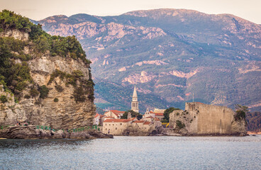 Naklejka premium View from Mogren beach in Budva town on Adriatic Sea coast, Montenegro