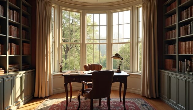 Classic study room inside farmhouse features wall shelves full of books, antique desk, leather chair, bay window with orchard view. Sunlight streams into cozy home office. Rich wood floor, ornate rug.