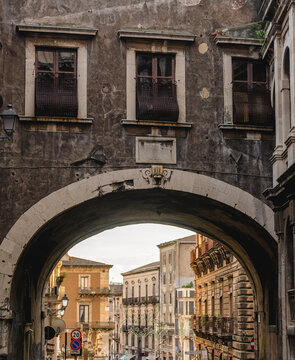 Arch of Saint Benedict of Benedictine Abbey in historic part of Catania city, Sicily, Italy