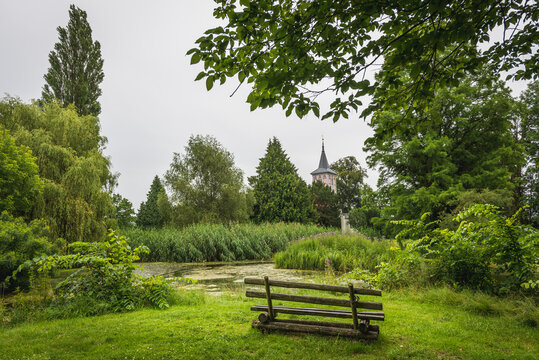 Bench in Lenne Park in Criewen, Schwedt Oder city district in Germany