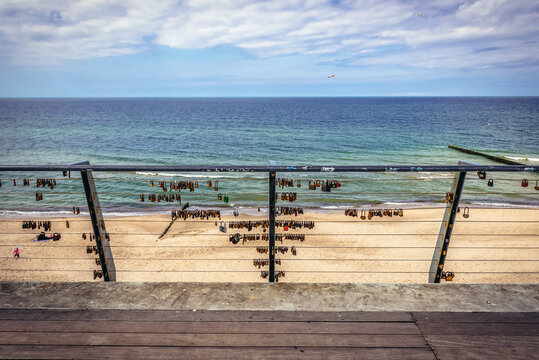 Seaview platform with love padlocks in Rewal, small village on the Baltic Sea coast, Poland