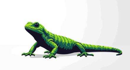 Fototapeta premium A vibrant green lizard with textured skin stands on a white surface against a light grey background, depicted in a stylized, detailed manner.