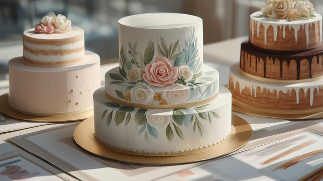 Fusion wedding cake design sketches showing blend of two cultural traditions with both families' signature desserts incorporated into tiered structure, creative compromise documented on bakery consu