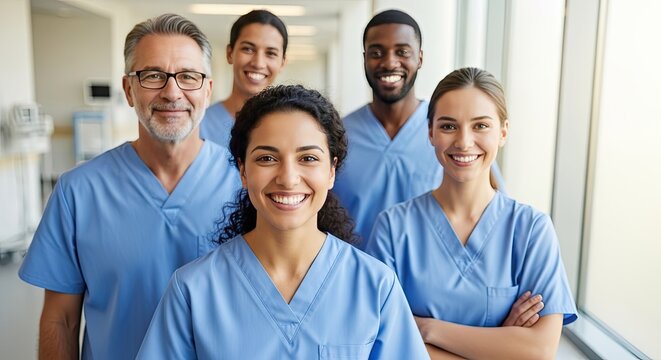 Diverse medical team portrait smiling healthcare professionals in a hospital setting