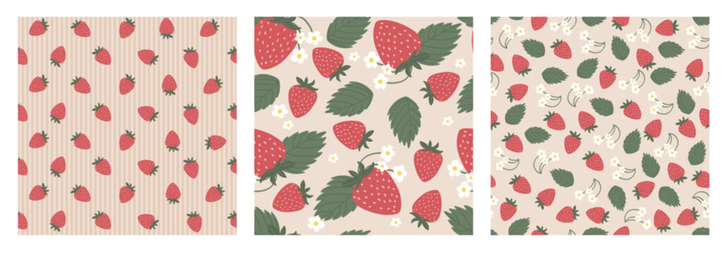 Set of cute seamless patterns with sweet red strawberry fruits on pink gingham and striped background. Summer berry vector design collection for kids fabric, textile, wrapping paper, wallpaper print.