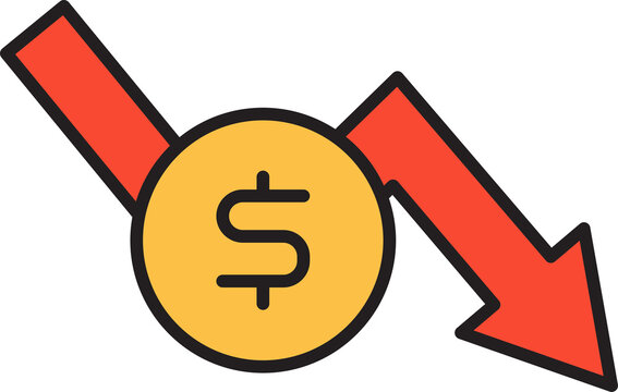 decreasing arrow chart and dollar coin icon

