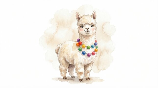 Charming baby alpaca illustration, a cute fluffy llama wearing a colorful beaded necklace, adorable watercolor animal art for children's designs and playful branding.