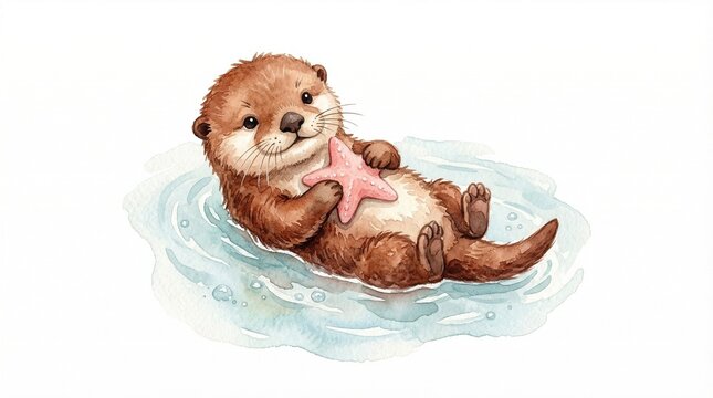 Adorable watercolor otter illustration, cute brown furry sea otter floating on water, holding a pink starfish, charming animal character for children's designs and aquatic themes.